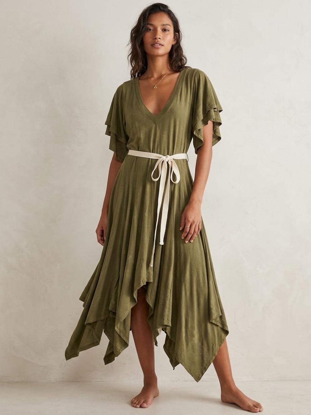 Olive V-Neck Asymmetrical Handkerchief Hem Dress with Contrast Tie